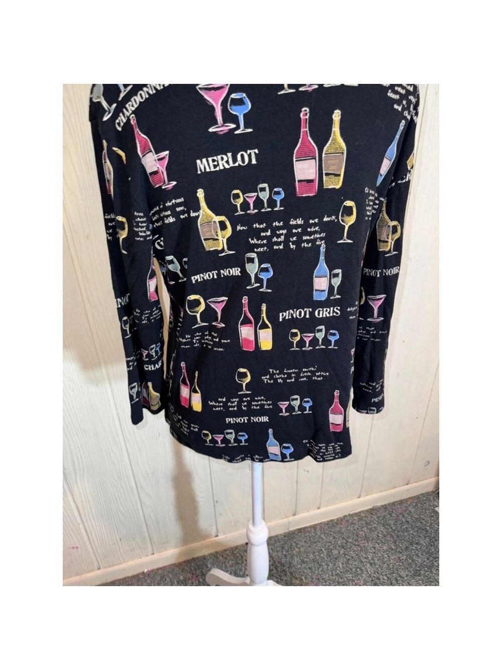 Jess & Jane Black Wine Print Long Sleeve Shirt Large - Picture 10 of 16